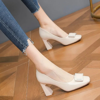 Single Shoe Woman 2023 Summer New Thick Heeled Korean Square Toe Shallow Mouth Metal Buckle Fashion Trend High Heels Women Shoes