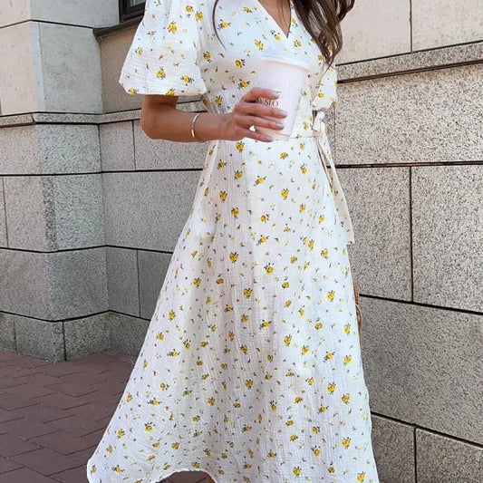 JO | Casual Ladies Summer Dresses 100% Cotton Floral Print A-Line Midi Dress with Side Slits Long Elegant White Dress