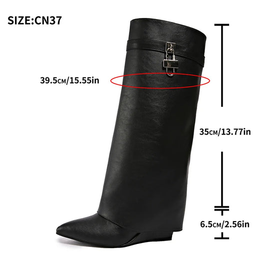 Women's Fashion Fold Knee High Boots Pointed Toe Wedge High Heels Riding Boots Woman Autumn Winter Western Long Botas Mujer 2025
