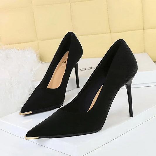 2025 New Black High Heels 9.5cm Women's Shoes Thin Heels Shallow Mouth Ladies Pumps Metal Pointed Head Stiletto Sexy Party Shoes