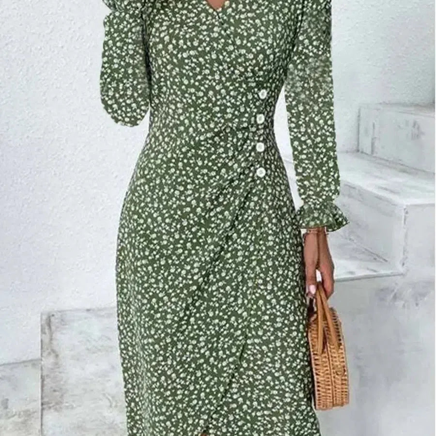 JO | Spring Floral Bodycon Midi Dress for Women V-Neck Long Sleeve