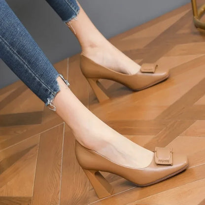 Single Shoe Woman 2023 Summer New Thick Heeled Korean Square Toe Shallow Mouth Metal Buckle Fashion Trend High Heels Women Shoes