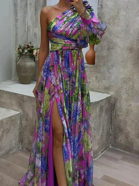 JO | Flowing maxi dress with floral print and one shoulder in lilac