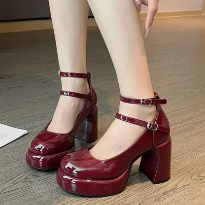 2024 High Heels Women's Spring Autumn Pumps Shoes Red Black Retro Thick Soled  Jane  Ankle Buckle 9cm Chunky