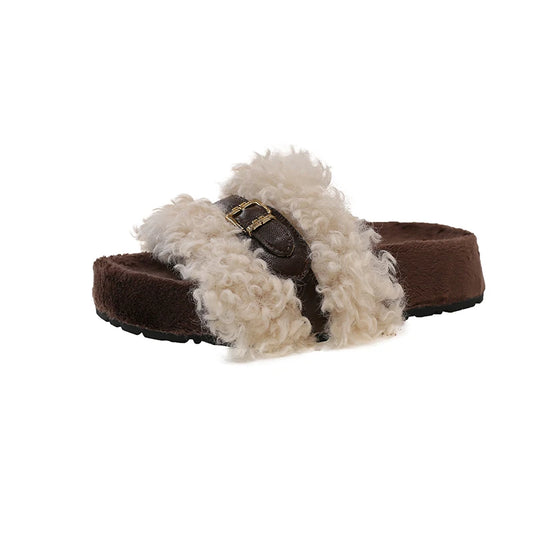 Super popular women's furry slippers, autumn and winter  outer-wear, internet-famous curly fur thick-soled slip-on sandals