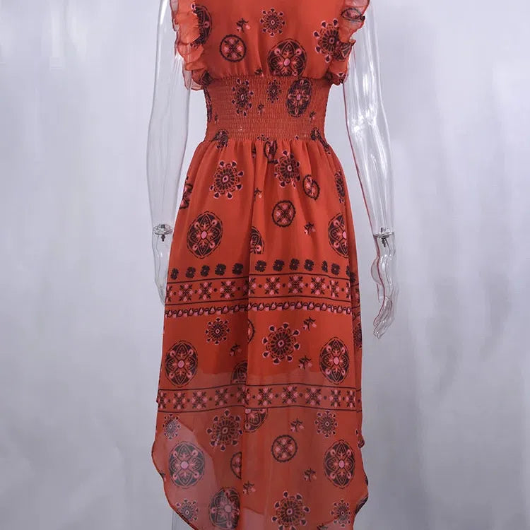 JO | Summer Women Vintage Pattern Smocked Ruffle Midi Dress