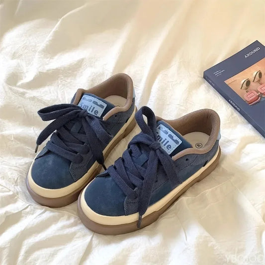 Retro Blue Sneakers for Women with Thick Soles and Versatile Design Sporty and Casual Flat Vulcanized Shoes Zapatos De Mujer