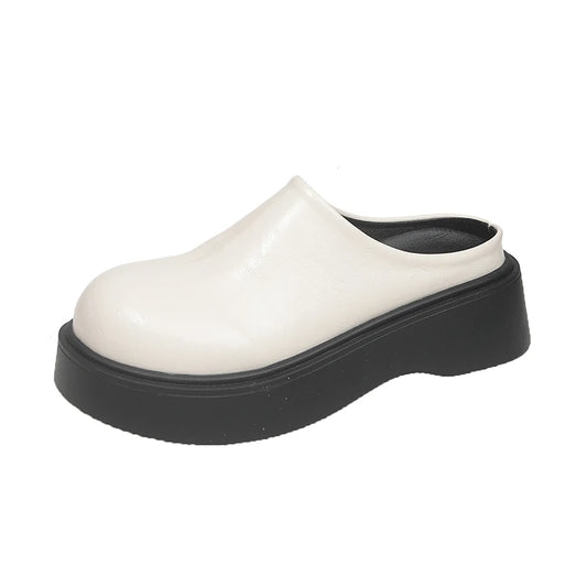 Hight Quality Classic British Style Leather Mules For Women's Hombre Daily Dress Casual Shoes Black Beige Slip-On Slippers