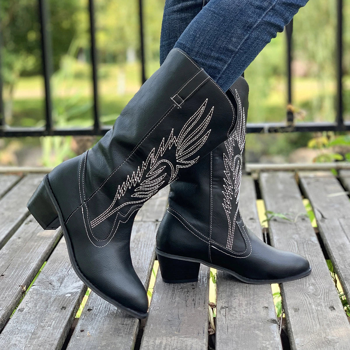 2024 Classic Embroidered Western Cowboy Boots for Women Leather Cowgirl Boots Low Heels Shoes Knee High Woman Boots Size36-43