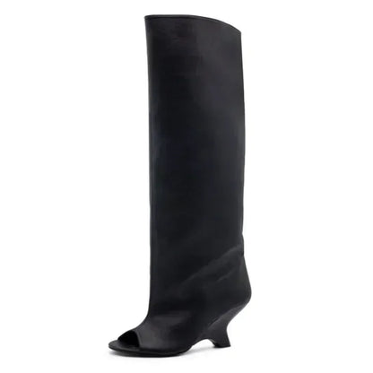 2025 New Peep Toe Long Boots Summer Thick High Heels Women's Knee Boots Large Size Shoes Ladies Slip-on Strange Heels Cool Boots