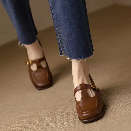 New Fashion Women's T Strap Leather Square Toe Oxford Shoes Brown Mid Heels Designer Shoes Black Pumps Chunky Sewing Dress Shoes