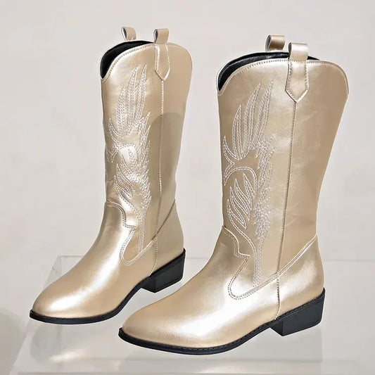 2023 Winter New Fashion Western Cowboy Boots Women Pointed Toe High Heel Shoes Ladies Embroidery Chelsea Boots Zapatos Mujer