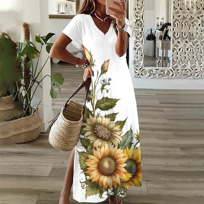JO | Sunflower Print Floral Graphic Dresses for Women Plus Size Elegant Midi Dress