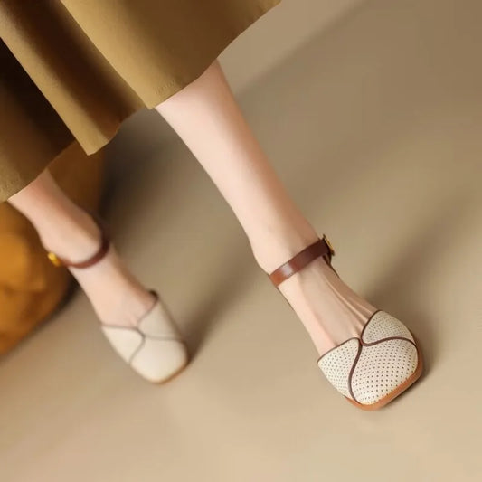 Summer New Square Head Hollowed-out Bowhead Sandals Women's Medium Heel Chunky Breathable High Heels