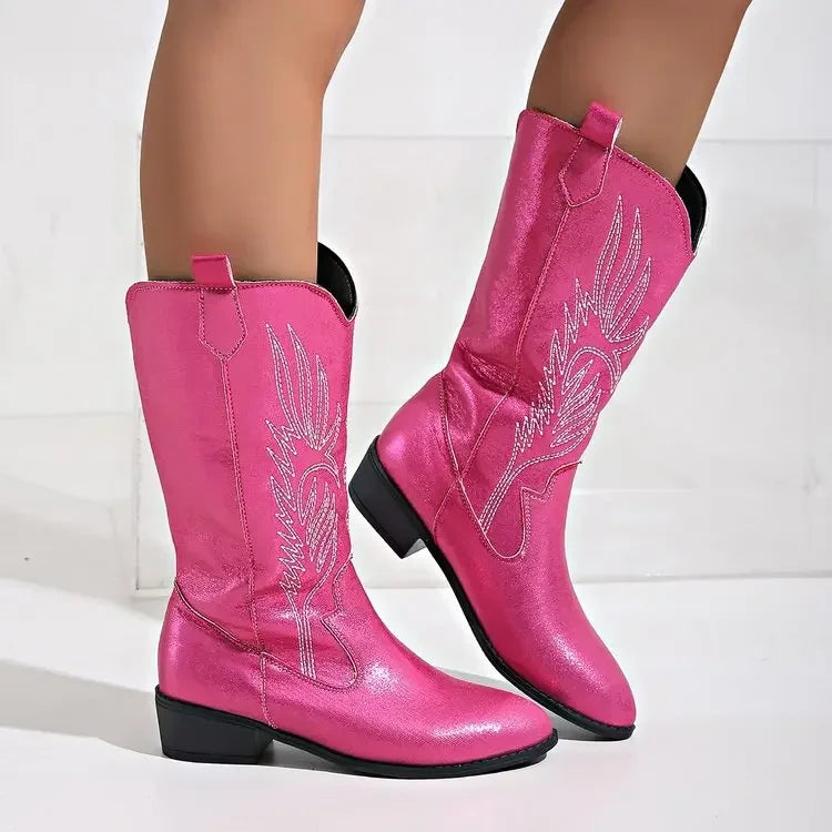 2023 Winter New Fashion Western Cowboy Boots Women Pointed Toe High Heel Shoes Ladies Embroidery Chelsea Boots Zapatos Mujer