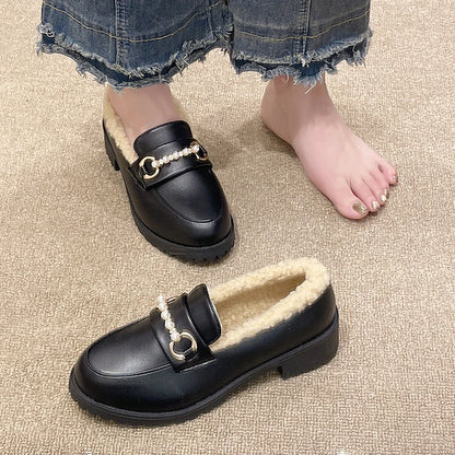 Women's Fur-Lined Loafers Winter 2025 New - Classic Black Thick-Soled Slip-On Leather Boots Anti-Cold Casual &Work Ankle Boots