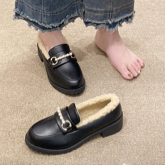Women's Fur-Lined Loafers Winter 2025 New - Classic Black Thick-Soled Slip-On Leather Boots Anti-Cold Casual &Work Ankle Boots