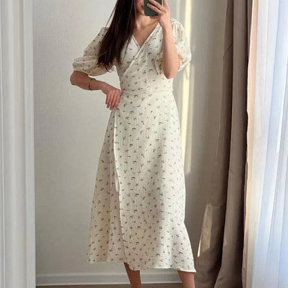 JO | Casual Ladies Summer Dresses 100% Cotton Floral Print A-Line Midi Dress with Side Slits Long Elegant White Dress