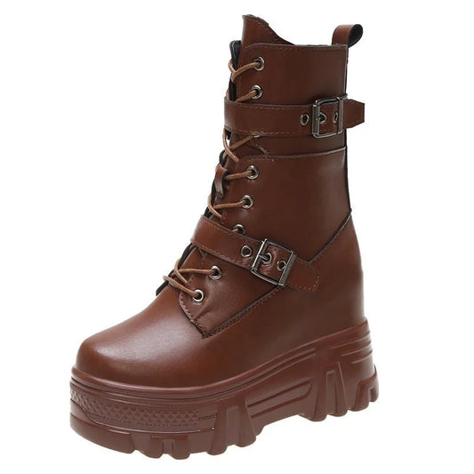 Autumn Leather Women Ankle Boots Classic Gothic High Platform Chunky Shoes Winter Motorcycle Boots Warm Plush Sneakers