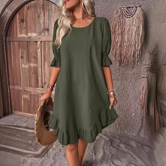 JO | Solid Color Casual Loose Short Dresses For Women Summer A-Line Midi Dress