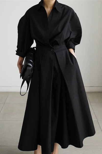JO | Long-sleeved A-line shirt midi dress in cotton