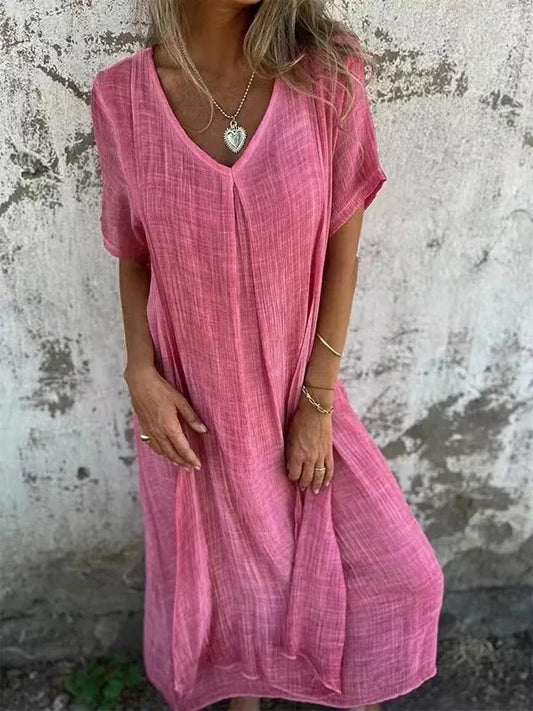 JO | Cotton and linen midi dress with V-neckline