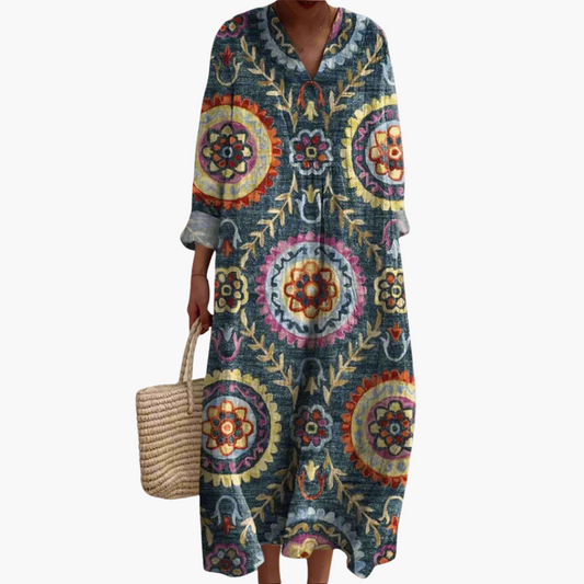 JO | Women's midi dress with V-neck and long sleeves