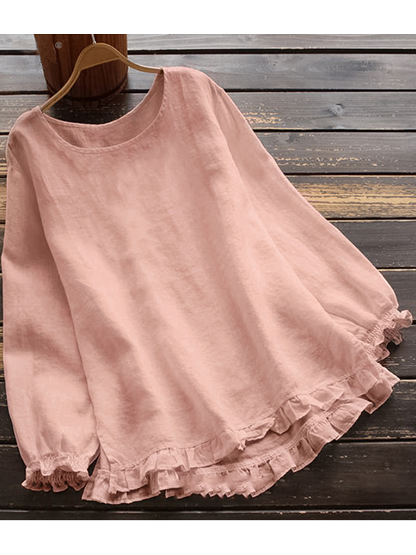 JO | O-Neck Solid Long Sleeve Ruffle Linen Tops