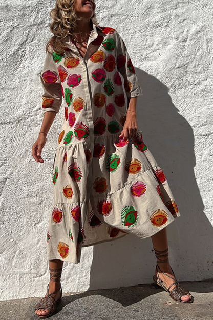 JO | Take Me To Cabo Ethnic Unique Print Button Loose Shirt Midi Dress