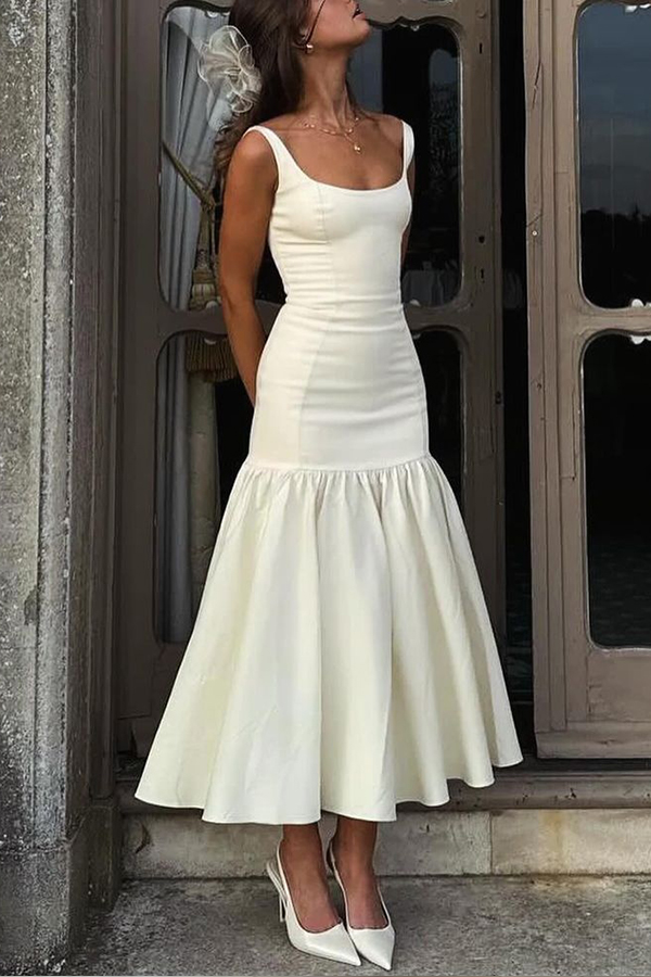 JO | Graceful Silhouette Square Neckline Wide Strap Drop Waist Midi Dress