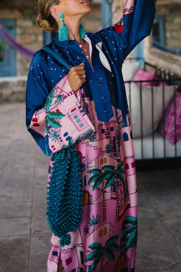 JO | Seaside Stroll Satin Unique Print Button Up Long Sleeve Slit Kaftan Midi Dress