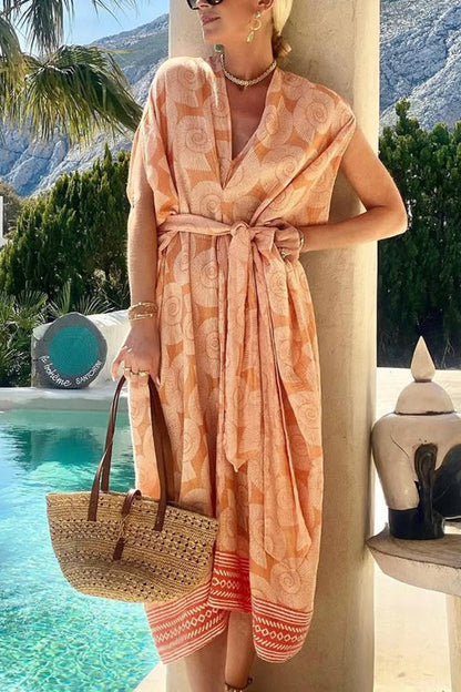 JO | Fashion Conch Print V-Neck Lace-Up Beach Midi Dress