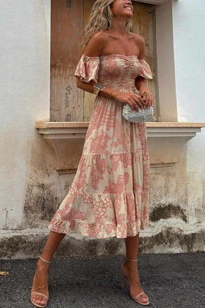 JO | Pitaya Unique Print Off Shoulder Smocked Ruffle Sleeve Layered Midi Dress