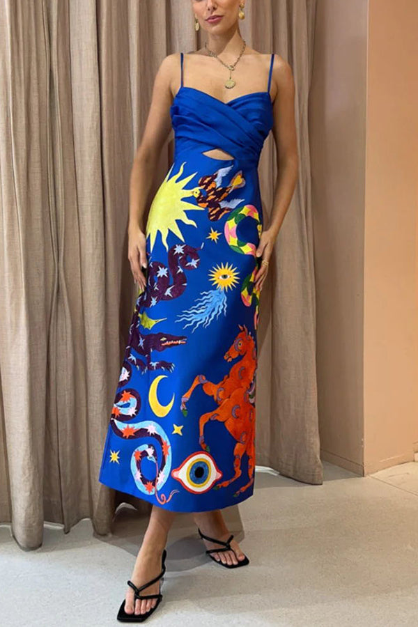 JO | Main Stage Unique Printed Ruffled Cross Over Detail Strap Midi Dress