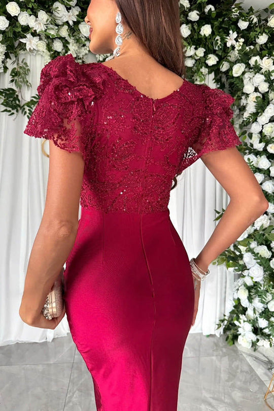 JO | Dreamy luxury lace and satin patchwork ruffle sleeves ruffled midi dress