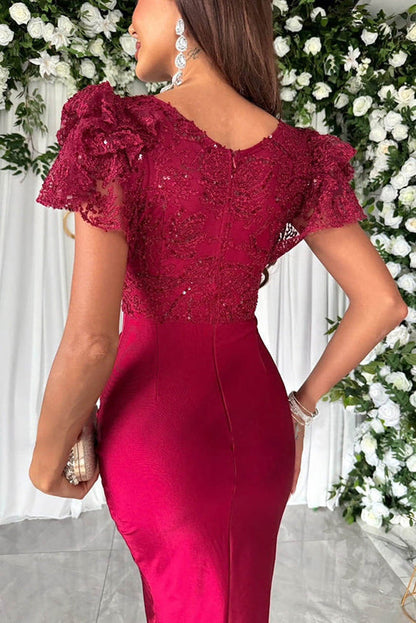 JO | Dreamy luxury lace and satin patchwork ruffle sleeves ruffled midi dress