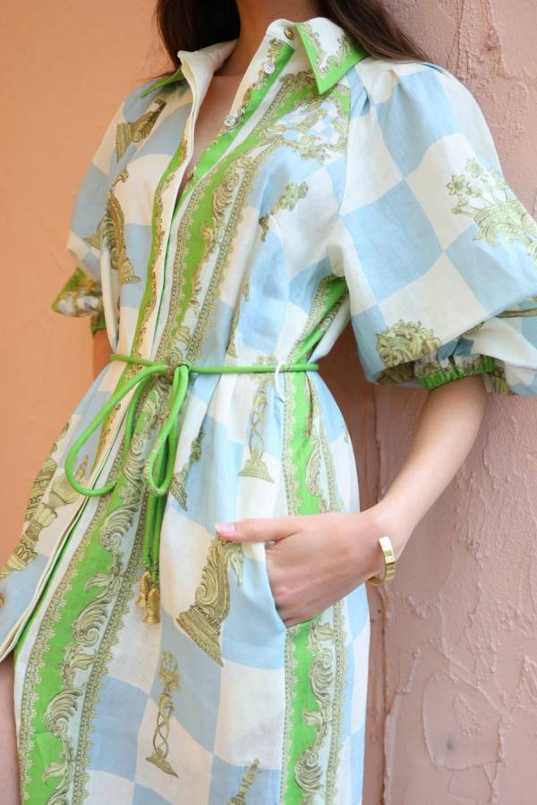 JO | Unique Printed long sleeve shirt midi dress with drawstring pocket