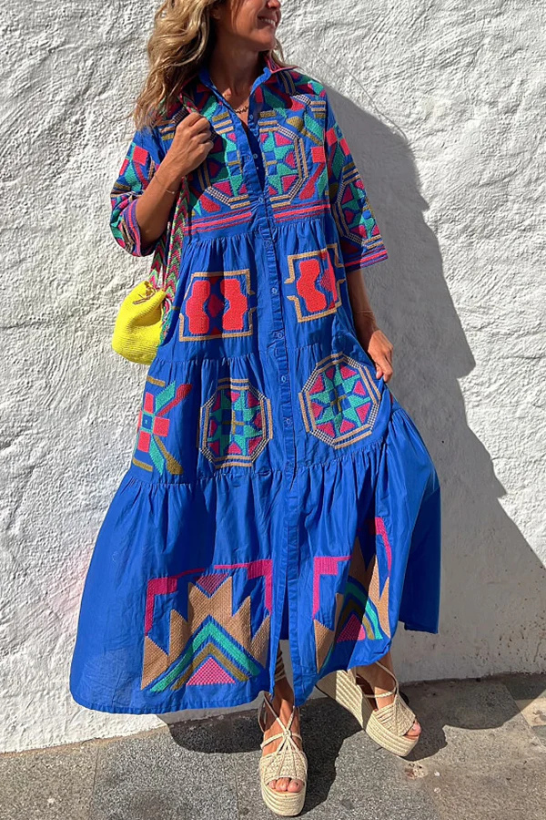 JO | Take Me To Cabo Ethnic Unique Print Button Loose Shirt Midi Dress