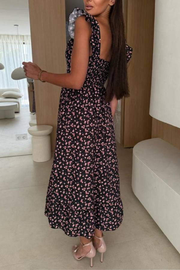 JO | Floral Print Square neckline Pleated back midi dress