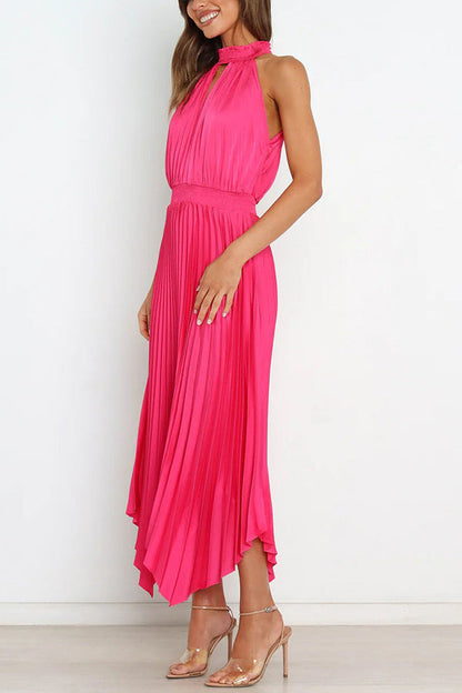 JO | Luxe Look Satin Pleated Halter Elastic Waist Midi Dress