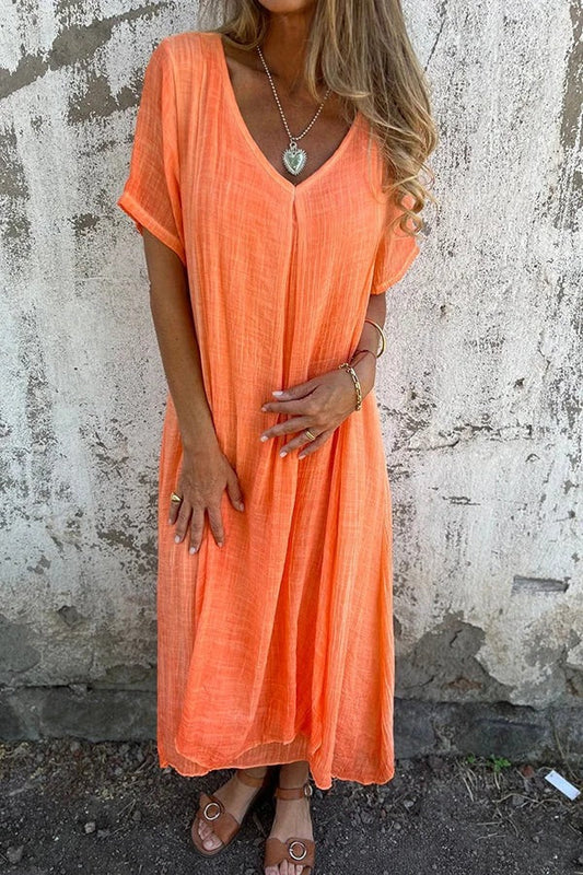 JO | Bayside Bliss linen blend short sleeve pleated loose midi dress