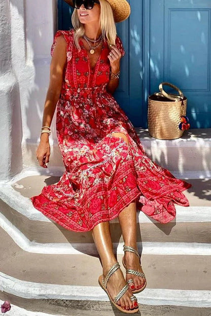 JO | Summer in Greece Boho Print Ruffle Sleeves Elastic Waist High-Low Midi Dress