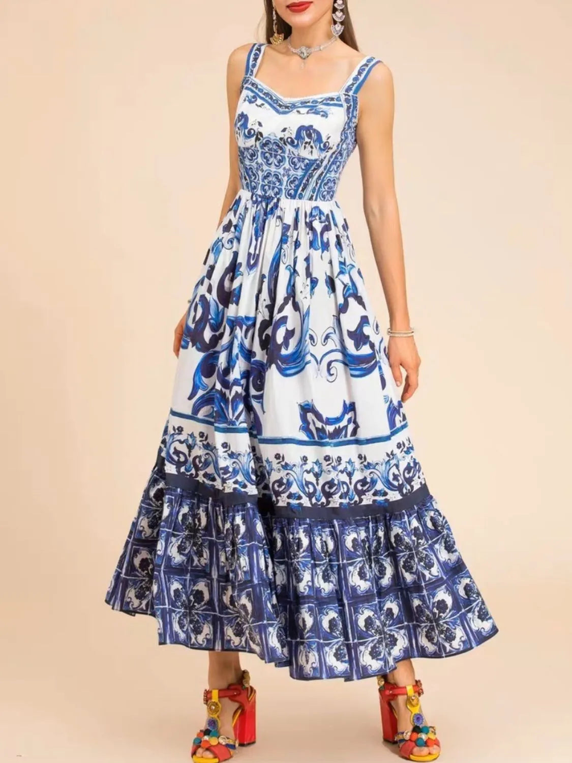 JO | Smocked printed dress with wide straps