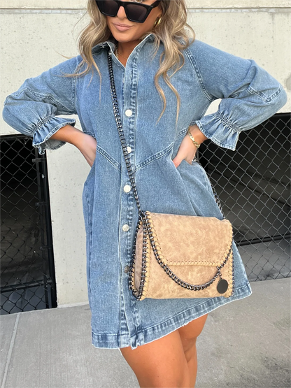 JO | Chic turn-down collar denim midi dress