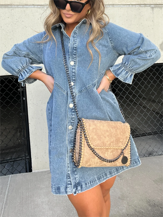 JO | Chic turn-down collar denim midi dress