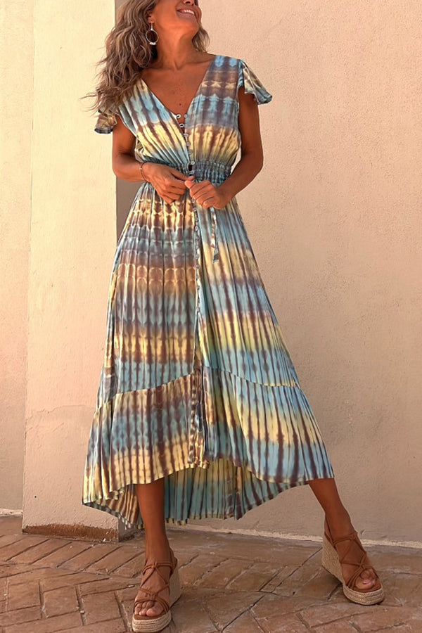 JO | Lorina Tie-dye Print Button Smocked Waist Backless Midi Dress