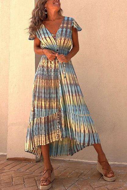 JO | Lorina Tie-dye Print Button Smocked Waist Backless Midi Dress