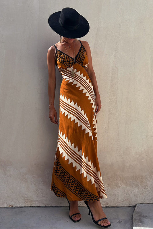 JO | Always Falling Satin Ethnic Print Smocked Back Midi Dress