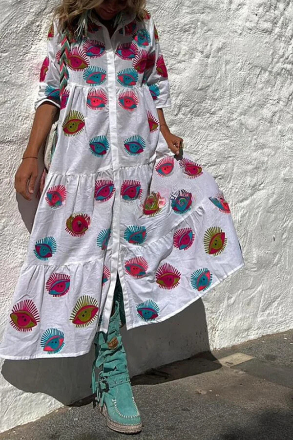 JO | Take Me To Cabo Ethnic Unique Print Button Loose Shirt Midi Dress
