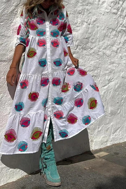 JO | Take Me To Cabo Ethnic Unique Print Button Loose Shirt Midi Dress